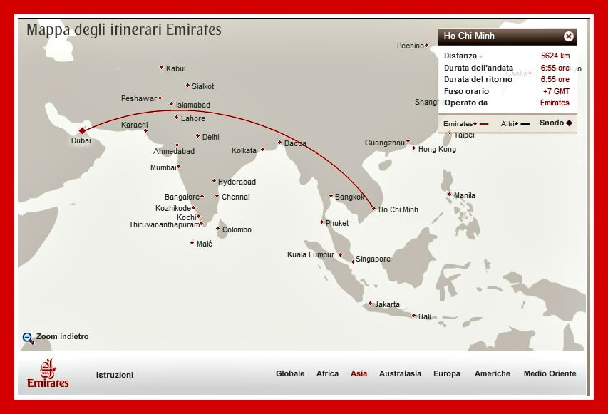 Mappa del volo Emirates per Ho chi Minh . Foto tratta dal sito della compagnia aerea
